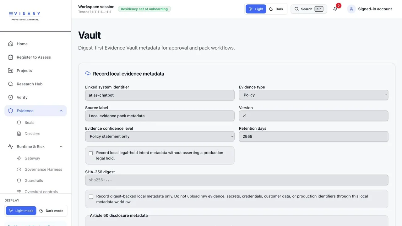 Synthetic Evidary Evidence Vault example showing digest-backed evidence metadata and retention fields.