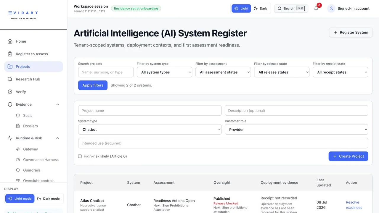 Synthetic Evidary system-register example showing system ownership, review state, and evidence status.